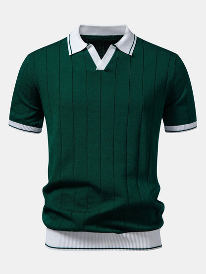 Ribbed Knit Polo with Contrast Trim and Straight Leg Ribbed Trousers