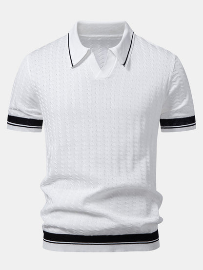 Textured Knit Polo with Contrast Trim and Johnny Collar