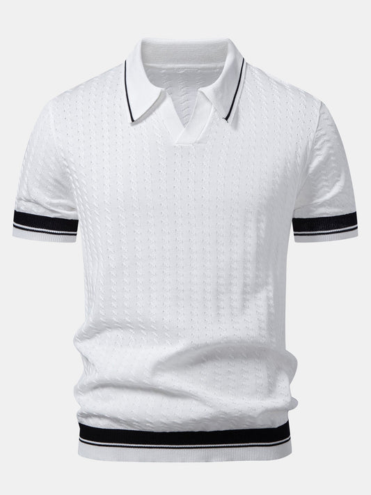 Textured Knit Polo with Contrast Trim and Johnny Collar