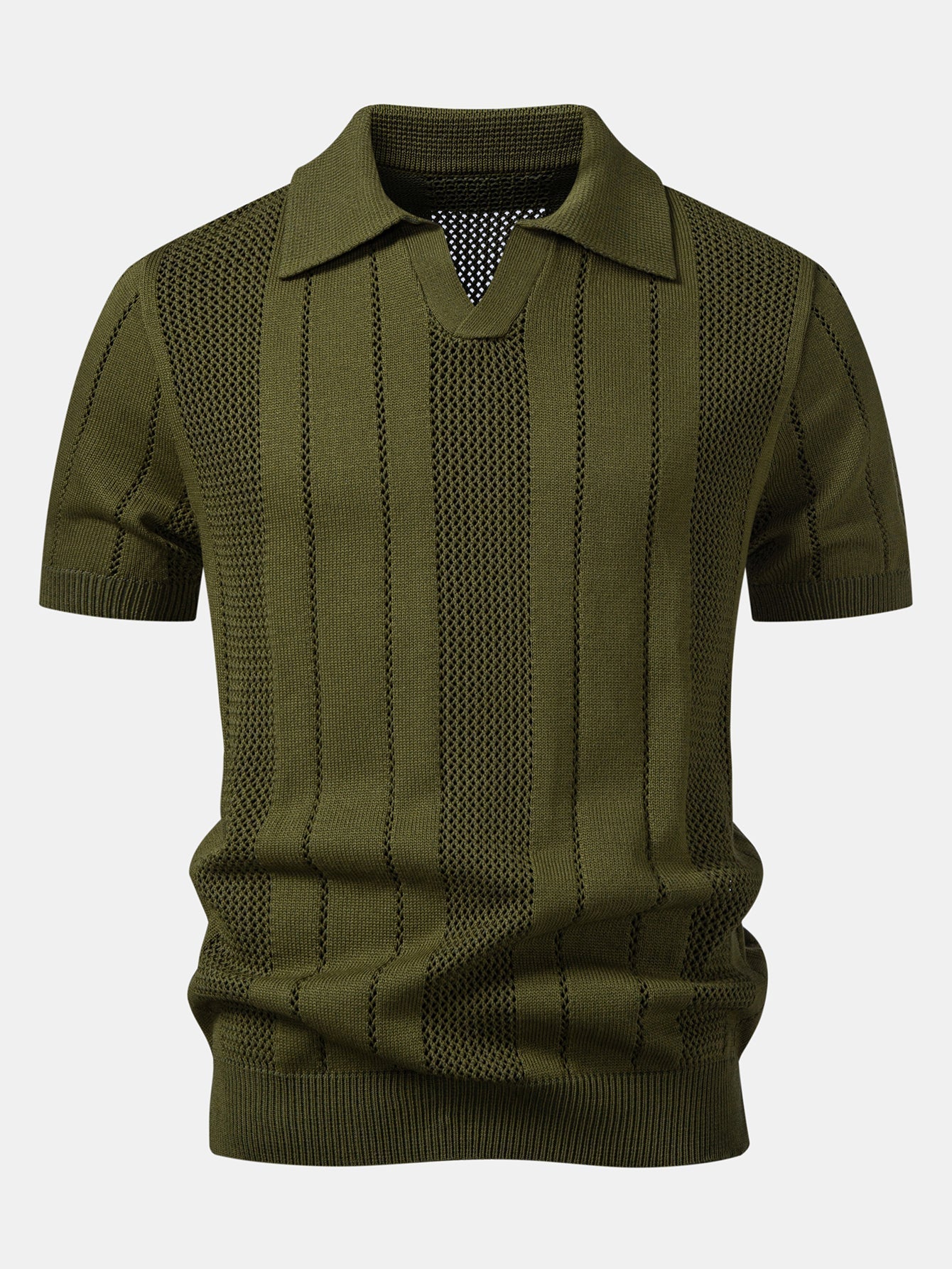 Johnny Collar Striped Knit Polo with Open Weave