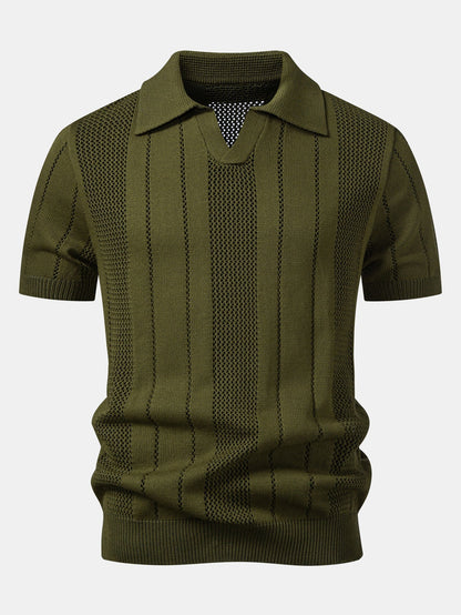 Johnny Collar Striped Knit Polo with Open Weave