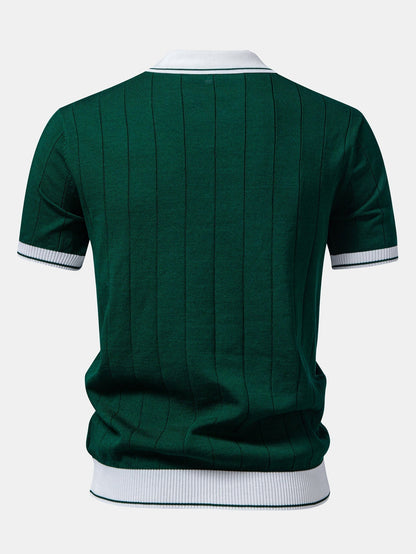 Ribbed Johnny Collar Knit Polo with Contrast Trim & Slim Fit Tapered Trousers