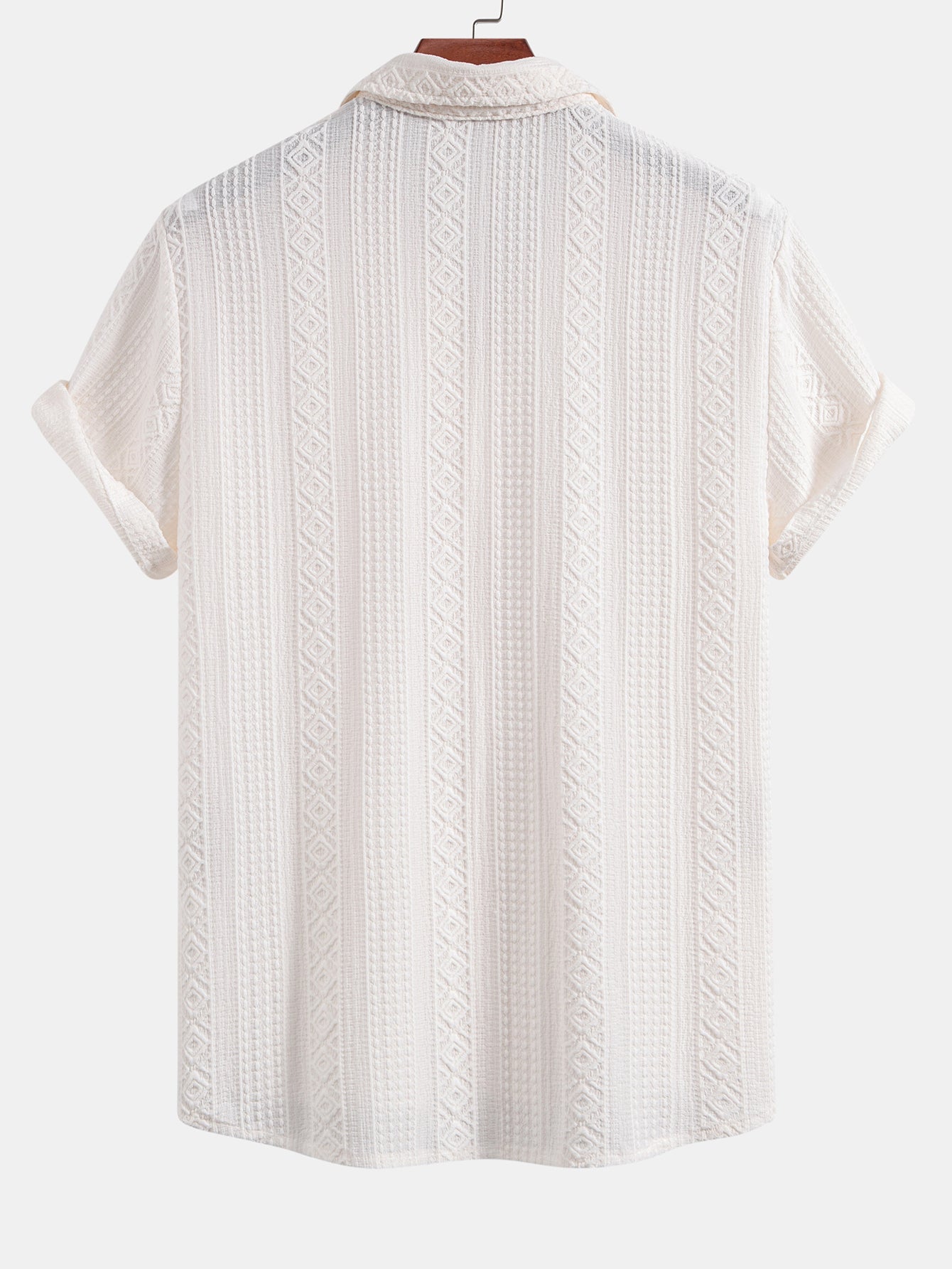 Geometric Jacquard Button-Up Shirt with Crinkle Textured Straight-Leg Pants