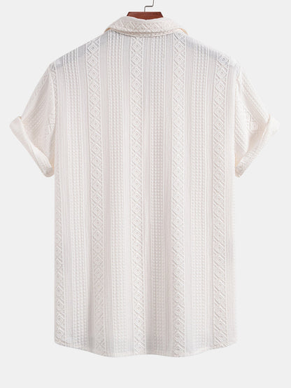 Geometric Jacquard Button-Up Shirt with Crinkle Textured Straight-Leg Pants