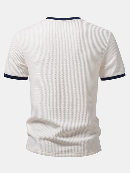 Two-Piece Contrast Waffle Set: T-Shirt with Pocket & Drawstring Knitted Pants