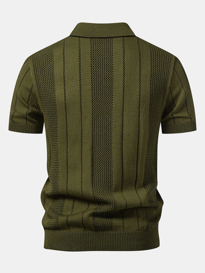 Johnny Collar Striped Knit Polo with Open Weave