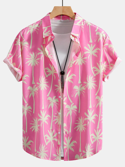 Button-Up Shirt and Swim Shorts with Palm Tree Print