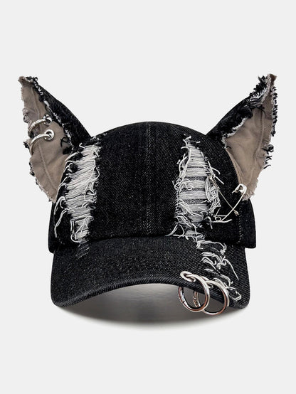 Gothic Western Distressed Denim Cap with Metal Accents