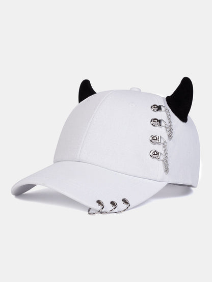Y2K-Inspired Hip Hop Baseball Cap with Cat Ear Design and Metal Chain Accents for Music Festivals