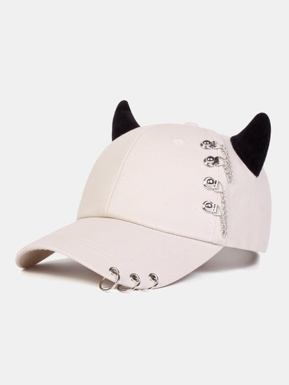 Y2K-Inspired Hip Hop Baseball Cap with Cat Ear Design and Metal Chain Accents for Music Festivals