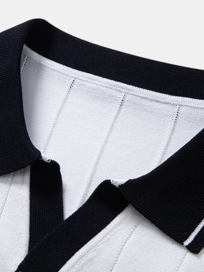 Ribbed Knit Polo with Contrast Trim and Straight Leg Ribbed Trousers