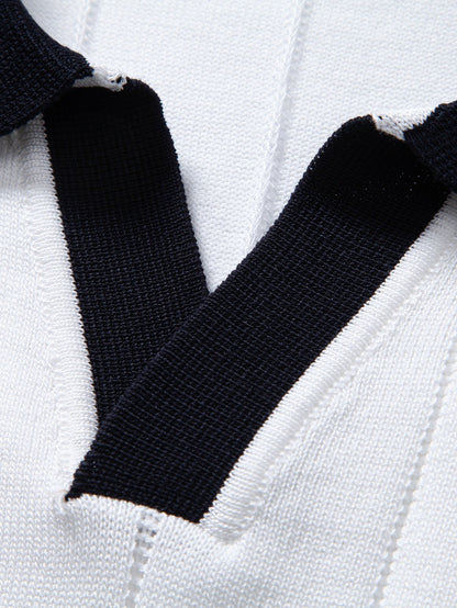 Ribbed Knit Polo with Contrast Trim and Johnny Collar
