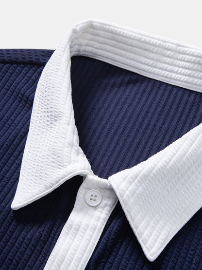 Ribbed Button-Up Shirt with Contrast and Straight-Leg Ribbed Pants