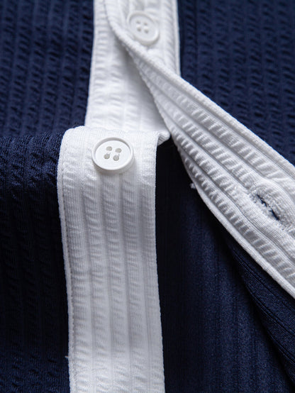 Ribbed Button-Up Shirt with Contrast and Straight-Leg Ribbed Pants