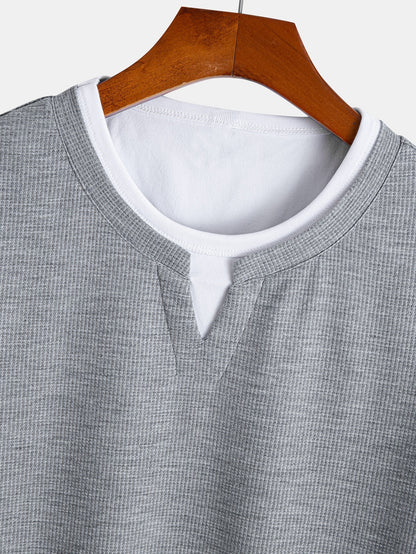 Comfortable 2-in-1 Notched Collar Waffle T-Shirt & Pleated Waffle Straight Leg Pants