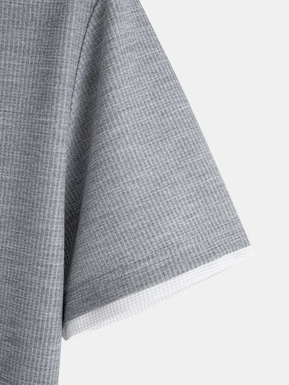Two-Tone Button-Up Waffle Knit Hooded Tee