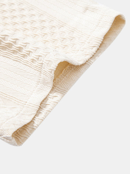 Geometric Jacquard Button-Up Shirt with Crinkle Textured Straight-Leg Pants