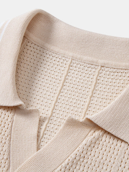 Open Knit Polo with Contrast Johnny Collar