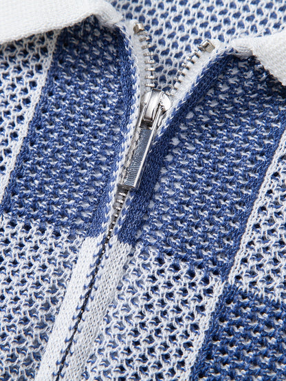 Crocheted Zipper Knit Polo with Checkerboard Design