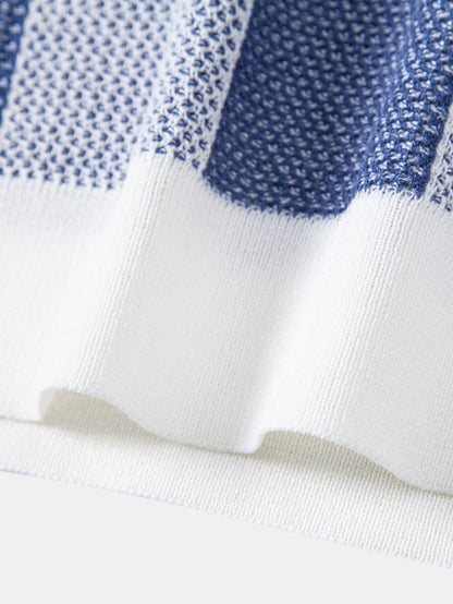 Crocheted Zipper Knit Polo with Checkerboard Design
