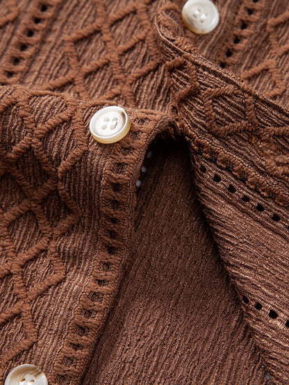 Jacquard Rhombus Button-Up Shirt & Crinkle Textured 5" Drawstring Shorts