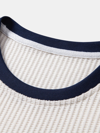 Two-Piece Contrast Waffle Set: T-Shirt with Pocket & Drawstring Knitted Pants