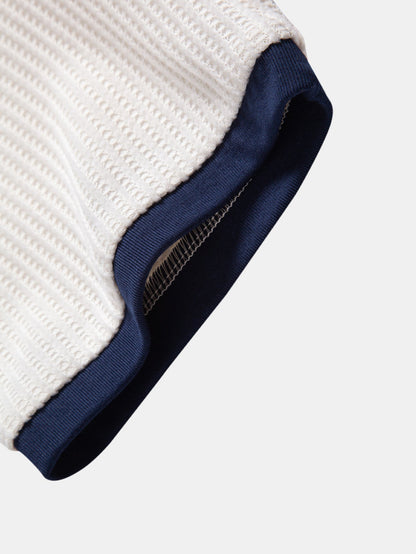 Two-Piece Contrast Waffle Set: T-Shirt with Pocket & Drawstring Knitted Pants