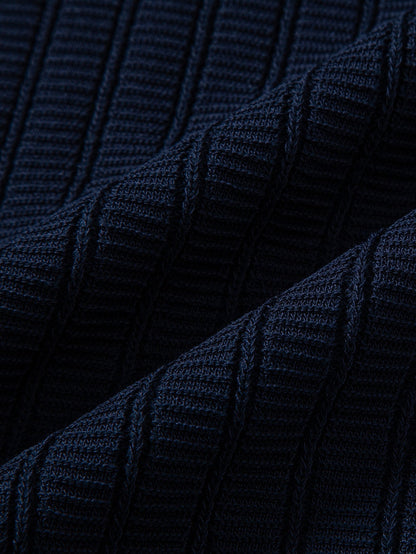 Textured Contrast Johnny Collar Knit Polo with Drawstring Waffle Knit Pants