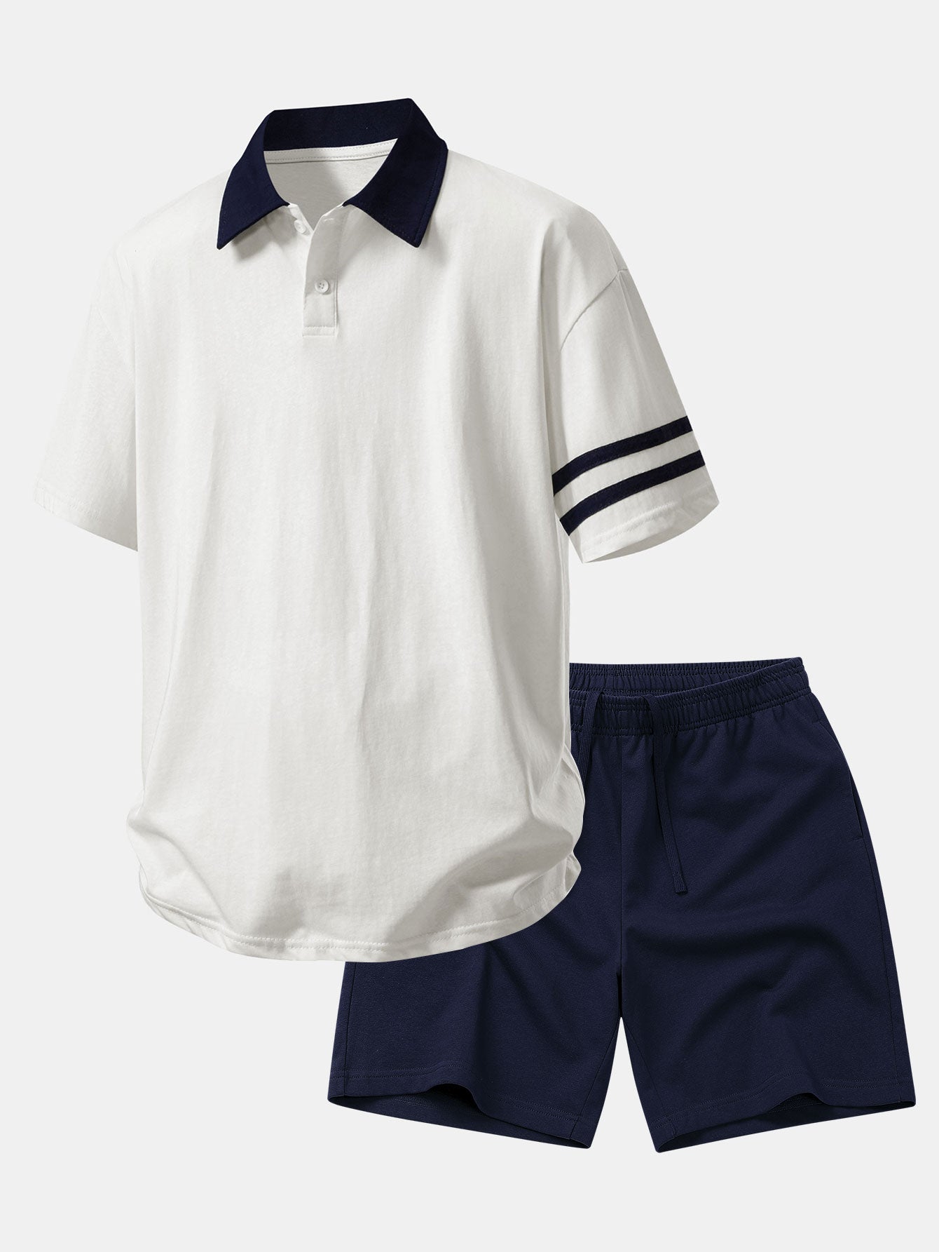 Relaxed Fit Polo Shirt with Contrast Collar & 7" Cotton Drawstring Shorts