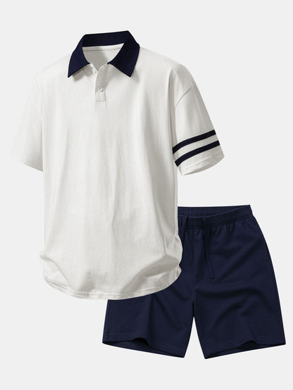 Relaxed Fit Polo Shirt with Contrast Collar & 7" Cotton Drawstring Shorts
