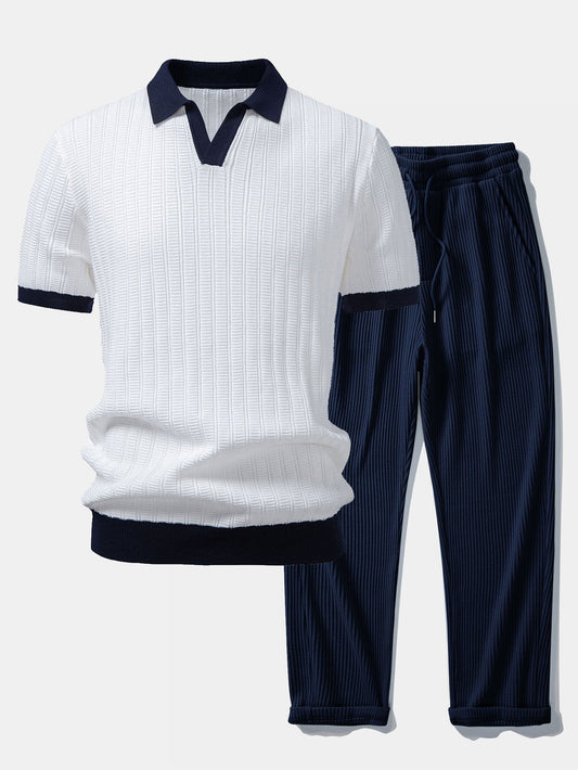 Textured Contrast Johnny Collar Knit Polo with Drawstring Waffle Knit Pants