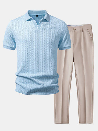 Geometric Jacquard Polo with Johnny Collar & Slim Fit Tapered Pants