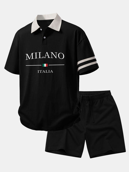 Relaxed Fit Milano Print Polo Shirt with Contrast Collar & 7" Cotton Drawstring Shorts
