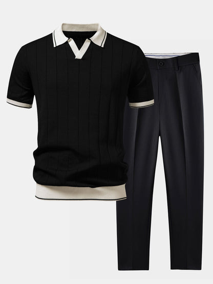 Ribbed Johnny Collar Knit Polo with Contrast Trim & Slim Fit Tapered Trousers