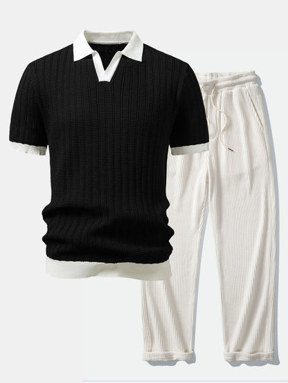 Textured Contrast Johnny Collar Knit Polo with Drawstring Waffle Knit Pants