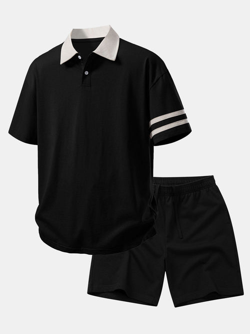 Relaxed Fit Polo Shirt with Contrast Collar & 7" Cotton Drawstring Shorts