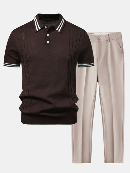 Twisted Jacquard Knit Polo with Contrast Trim & Slim Fit Tapered Trousers