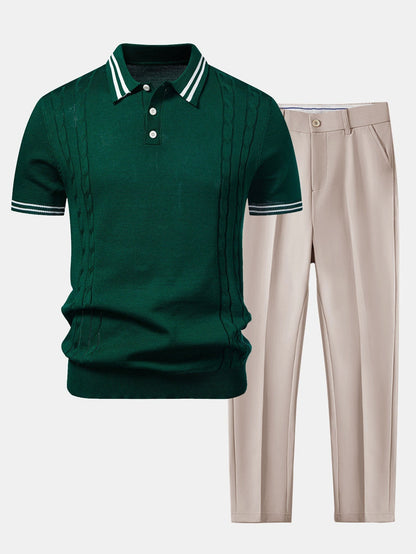 Twisted Jacquard Knit Polo with Contrast Trim & Slim Fit Tapered Trousers