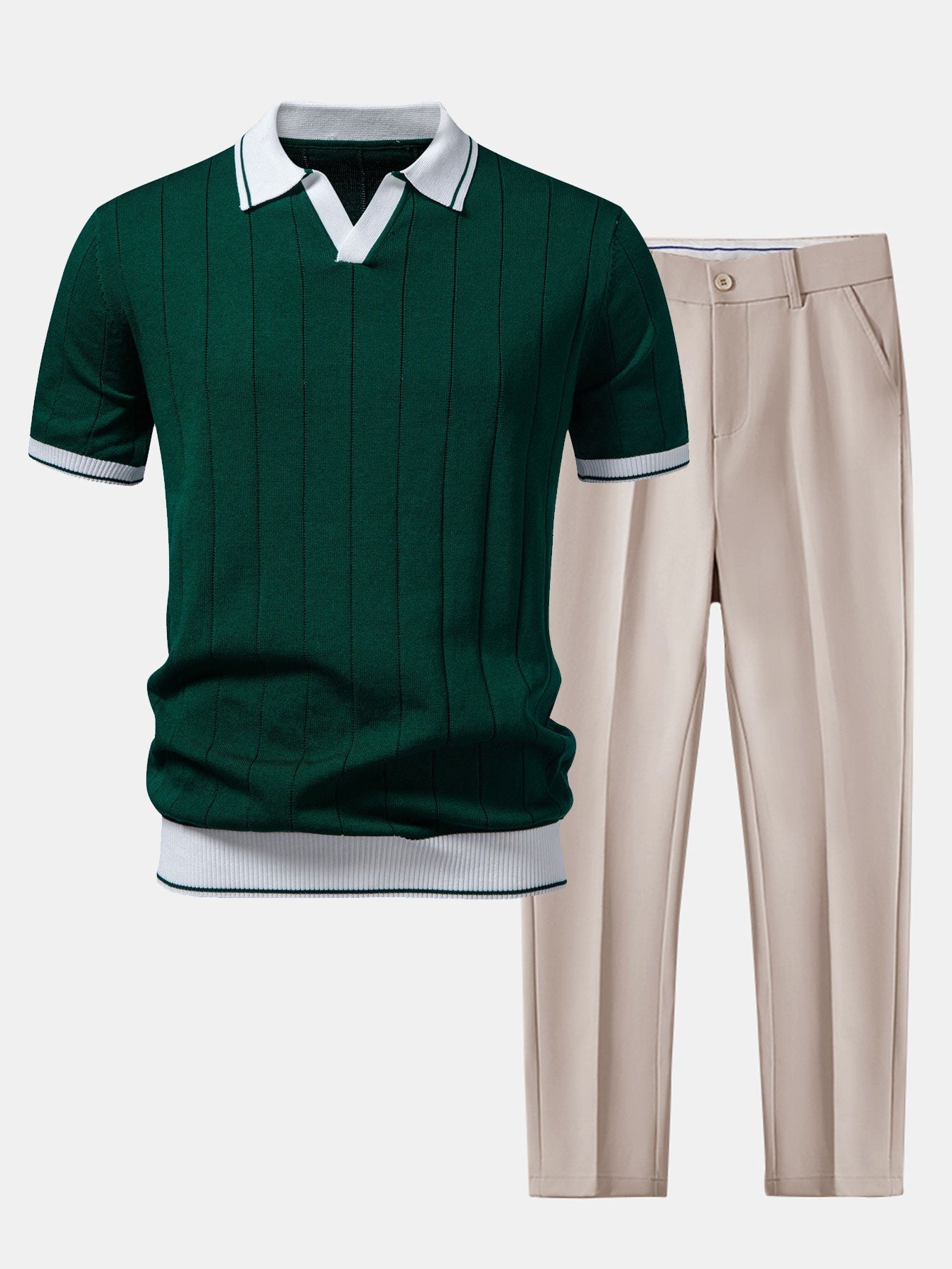 Ribbed Johnny Collar Knit Polo with Contrast Trim & Slim Fit Tapered Trousers