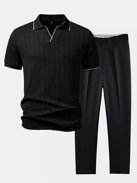 Geometric Jacquard Polo with Johnny Collar & Slim Fit Tapered Pants