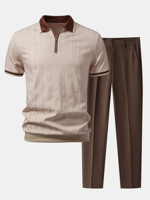 Textured Knit Polo with Contrast Trim & Slim Fit Tapered Trousers