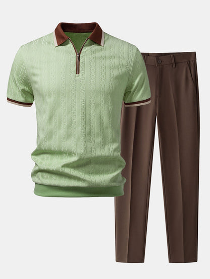 Textured Knit Polo with Contrast Trim & Slim Fit Tapered Trousers