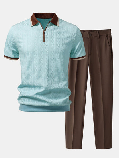 Textured Knit Polo with Contrast Trim & Slim Fit Tapered Trousers