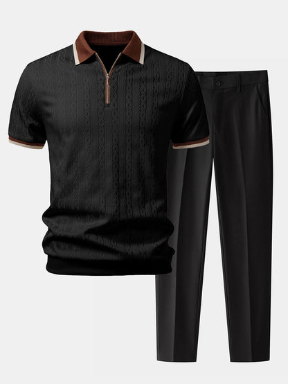 Textured Knit Polo with Contrast Trim & Slim Fit Tapered Trousers