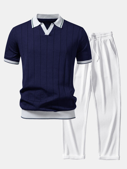 Ribbed Knit Polo with Contrast Trim and Straight Leg Ribbed Trousers