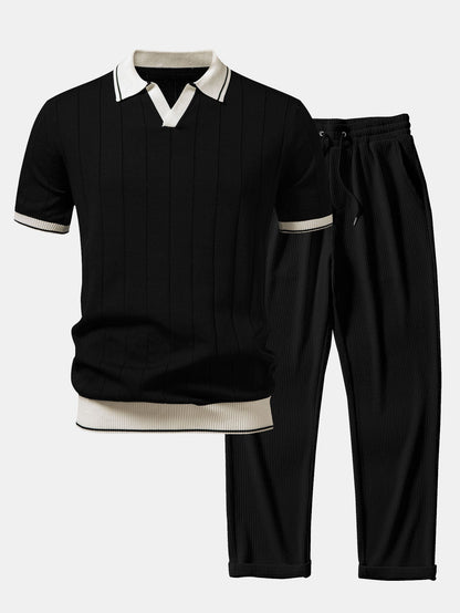 Ribbed Knit Polo with Contrast Trim and Straight Leg Ribbed Trousers