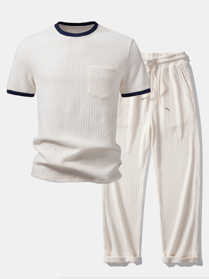 Two-Piece Contrast Waffle Set: T-Shirt with Pocket & Drawstring Knitted Pants