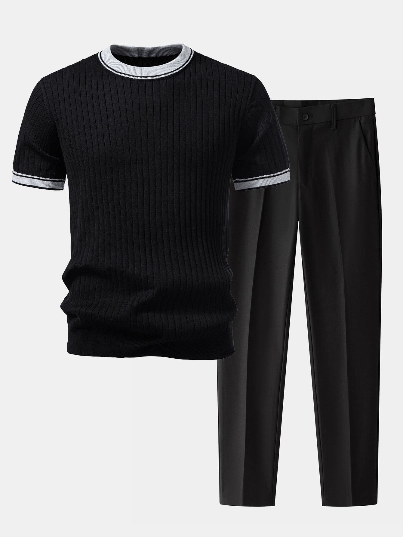 Contrast Trim Crew Neck Knit Tee & Slim Fit Tapered Pants