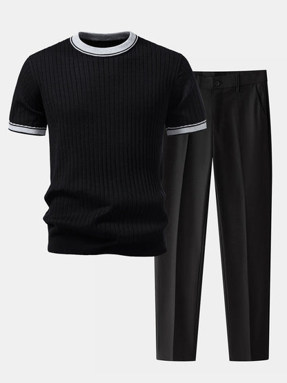Contrast Trim Crew Neck Knit Tee & Slim Fit Tapered Pants