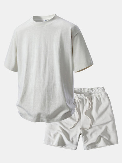 Relaxed Fit Heavyweight Washed Drop Shoulder Tee & Distressed Drawstring Shorts